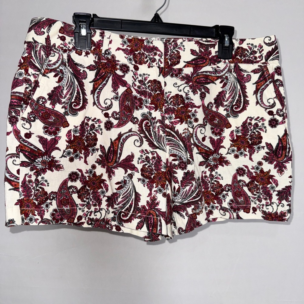 LOFT NWT Linen Shorts Womens 12 White Burgundy Paisley Floral 4 Inch Inseam